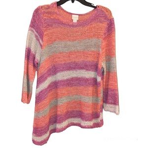 Chico’s Open Knit Stripe Asymmetrical Hem 3/4 Sleeve Sweater‎ Pink Orange 2